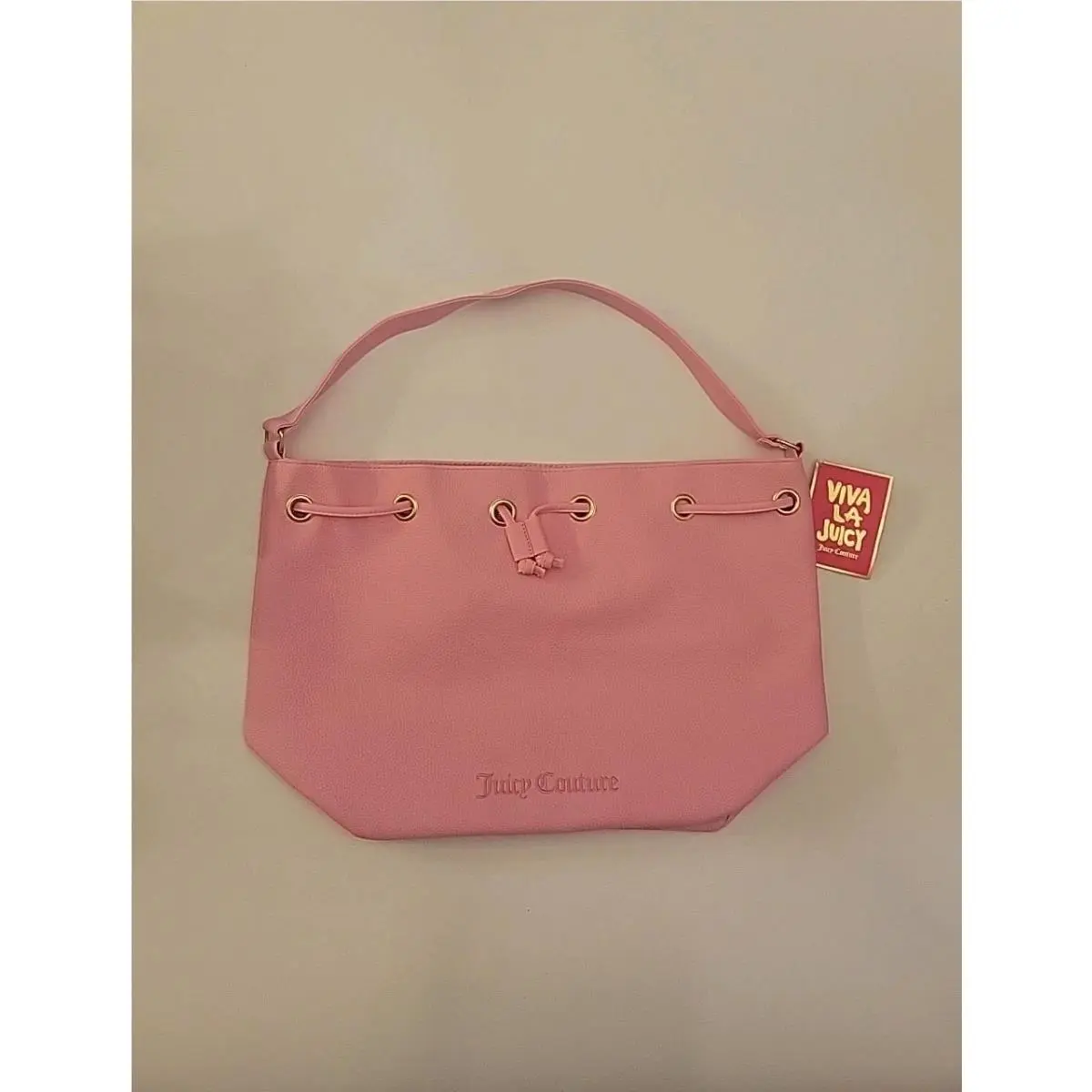 Juicy Couture Bubblegum Pink Drawstring Leather Bucket Bag Purse w/ Strap