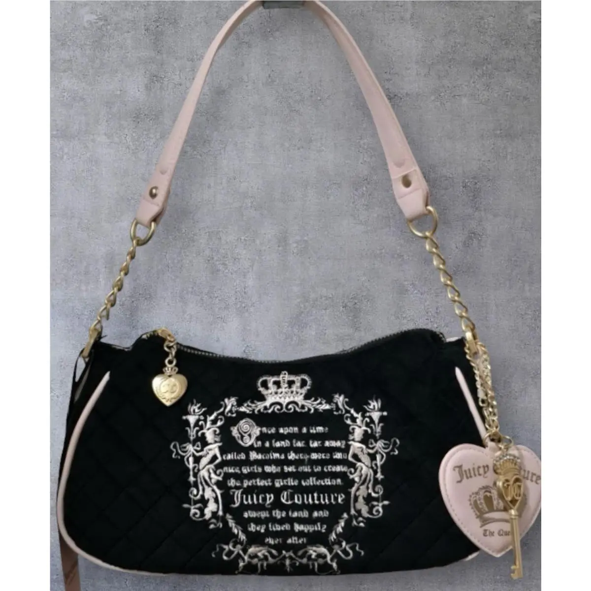 Juicy Couture Tale Black Quilted Velour Shoulder Bag Pink Trim Crown Fob