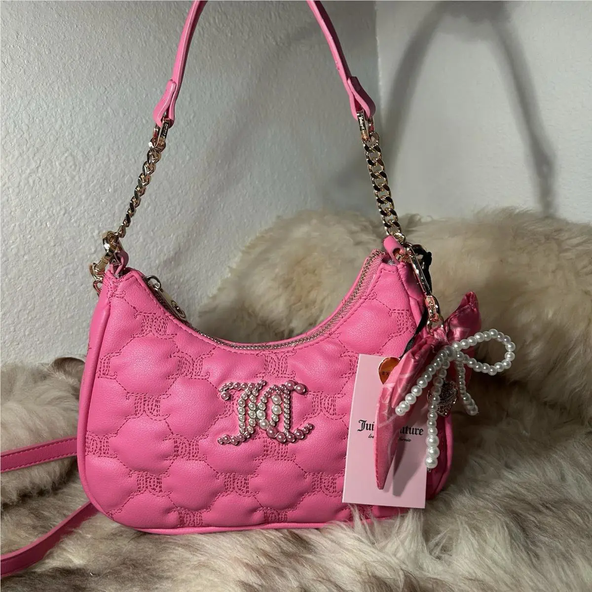 Juicy Couture Tie The Knot Shoulder Bag Crossbody - Bright Pink - Pearls
