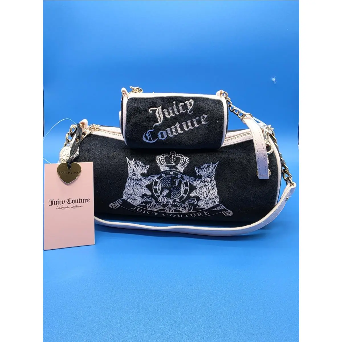 Juicy Couture Black Shoulder Bag Pink Trim Crest Logo Charm Pouch Zip Women