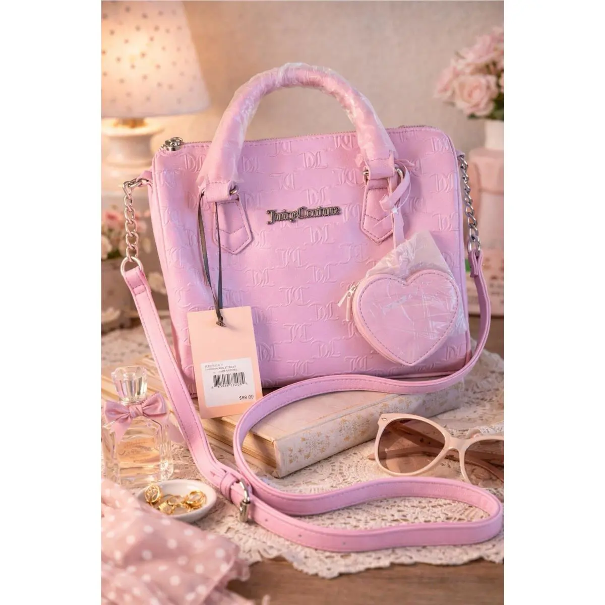 Juicy Couture Fame Barrel Satchel Crossbody Bag Violet Tulle Pink Y2K