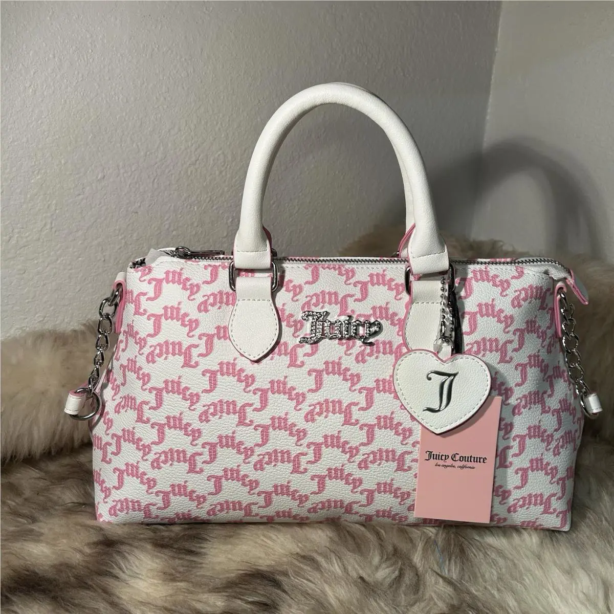 Juicy Couture Pep In Her Step Satchel / Crossbody - White with Pink Logos