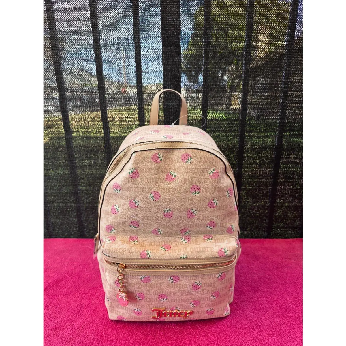 Juicy Couture Women`s Backpack Brown Pink with Strawberry Print