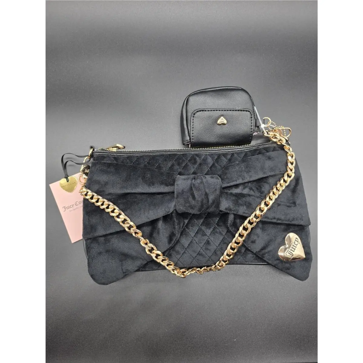 Juicy Couture Black Quilted Shoulder Bag Gold Chain Bow Heart Charm Pouch Women