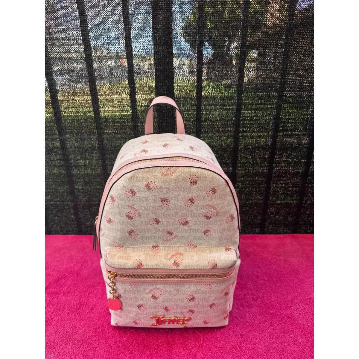 Juicy Couture Women`s Backpack White Pink with Strawberry Print