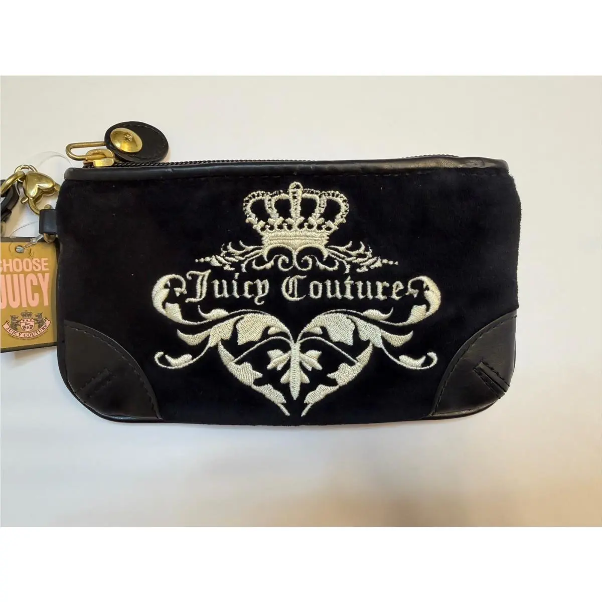 Y2k Vintage Juicy Couture Black Velvet Embroidered Wristlet Wallet
