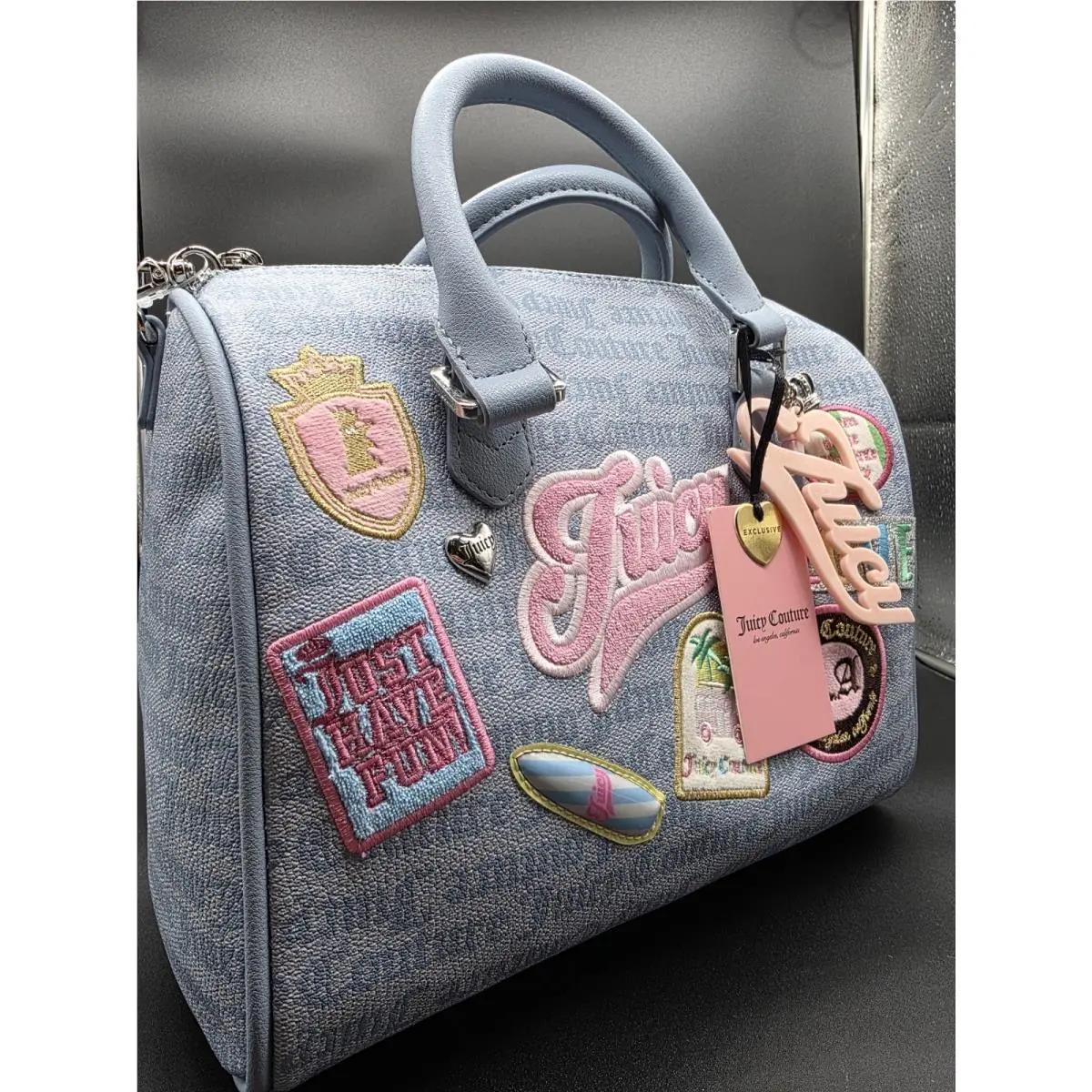 Juicy Couture Light Blue Satchel Bag Applique Patch Charm Logo Zip Women