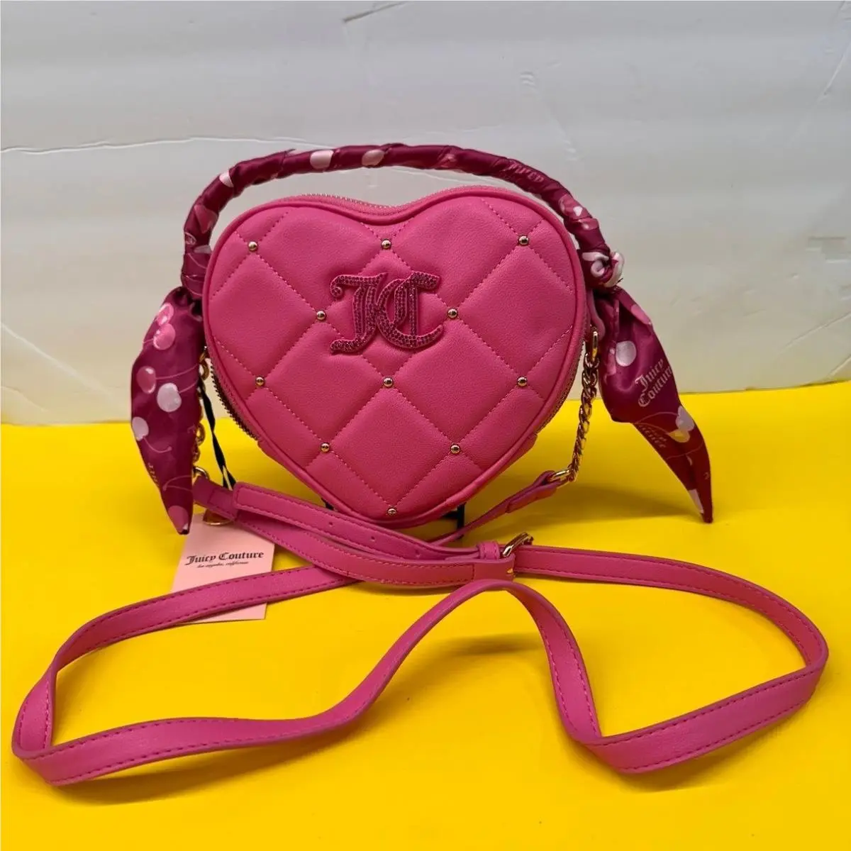 Juicy Couture Quilted Heart Crossbody Bag Pink Scarf Wrap Handle