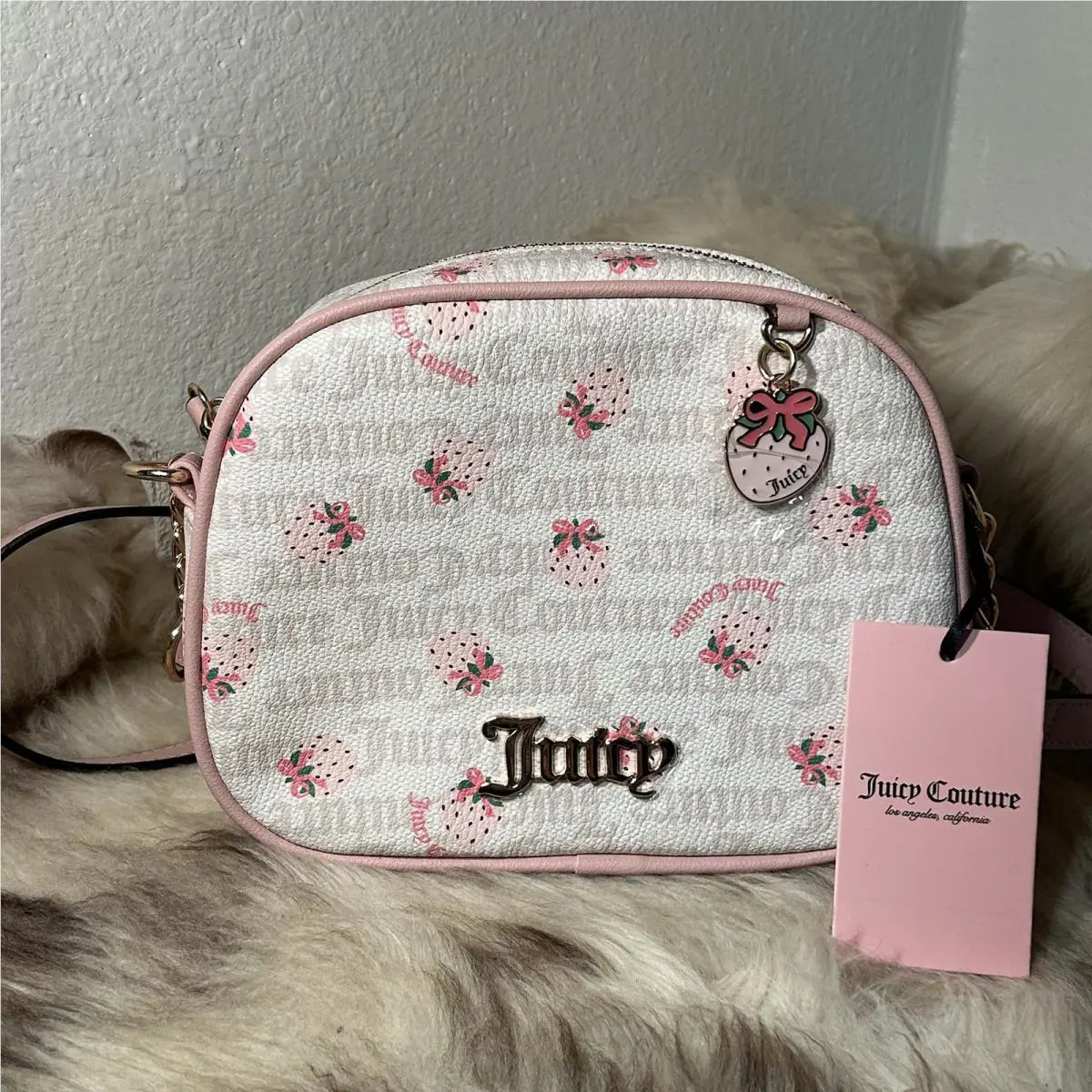 Juicy Couture Berry Sweet Camera Bag Crossbody - White Crystal - Strawberry