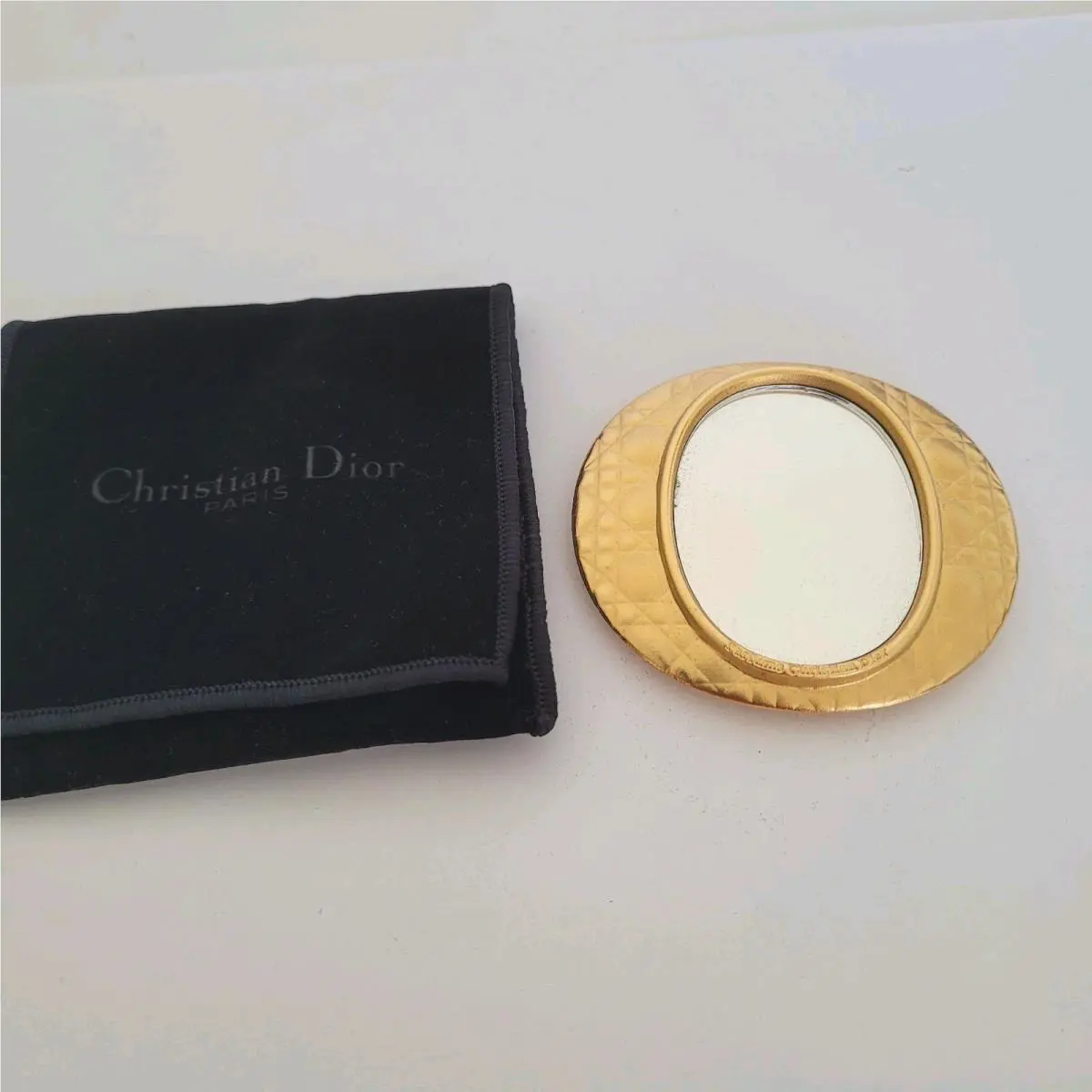 Christian Dior Parfums Compact Mirror with Case Gold Portable Oval Designer