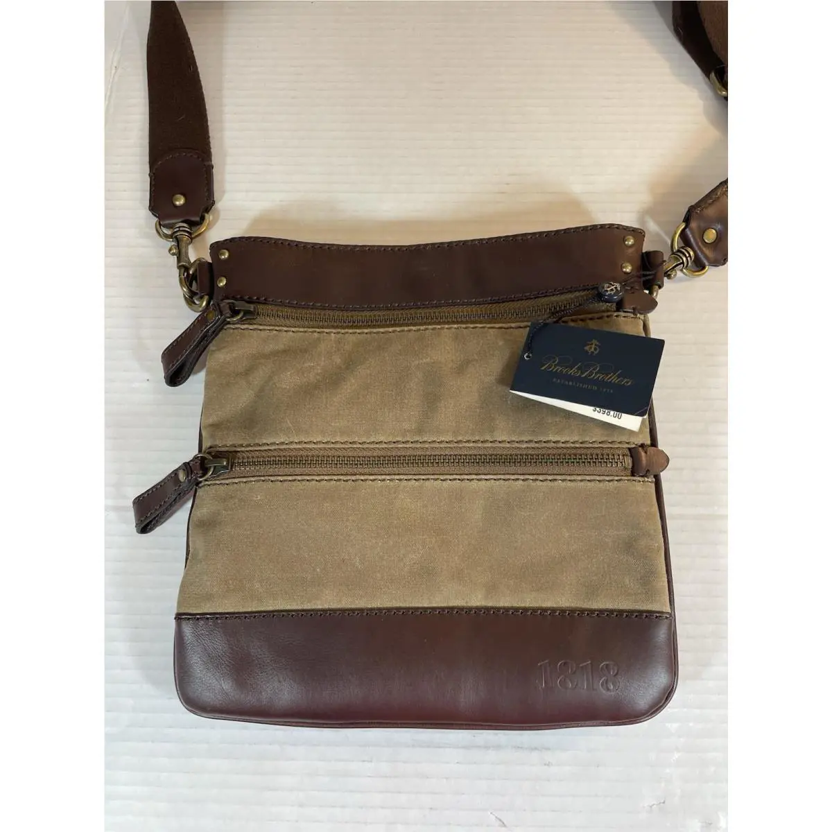 Brooks Brothers 1818 Brown Leather w. Canvas Double Gussets Crossbody Bag