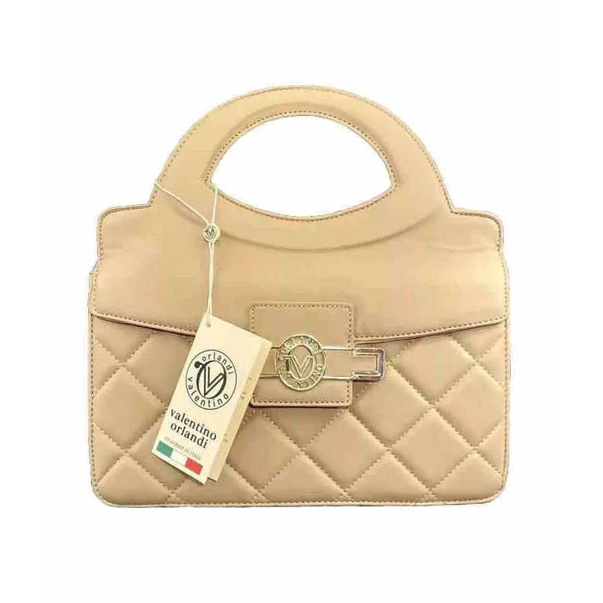 Handbag Valentino Orlandi Cream Vegan Leather Gold Trim Quilted Purse - Handle/Strap: Cream, Hardware: Gold, Exterior: Cream