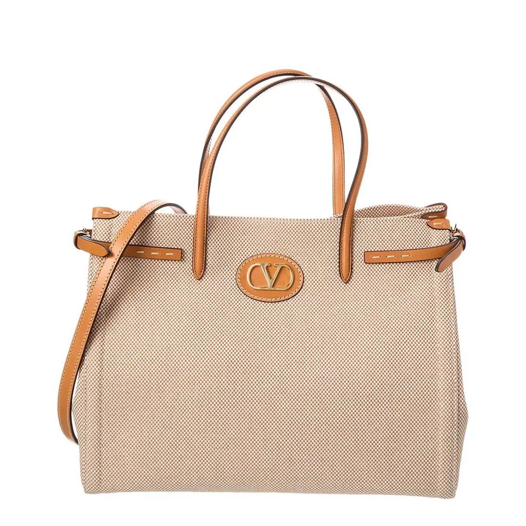 Valentino Vlogo Medium Canvas Leather Tote Women`s Brown