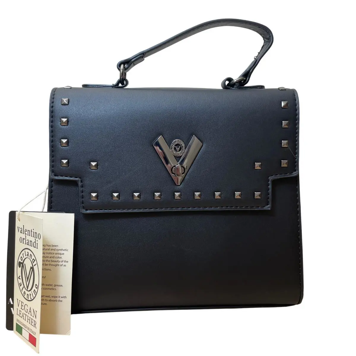 Valentino Orlandi Black Vegan Leather Studded Top Handle Bag with Wallet