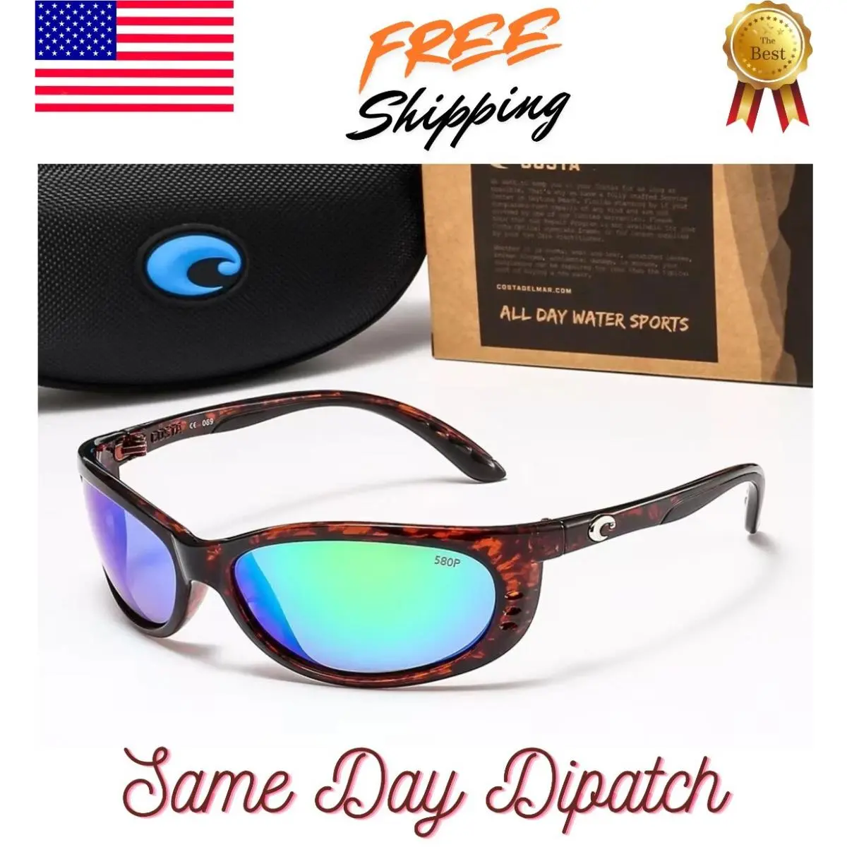 Costa Del Mar Brine Tortoise Shell Frame Green Mirror Polarized Sunglasses 580P