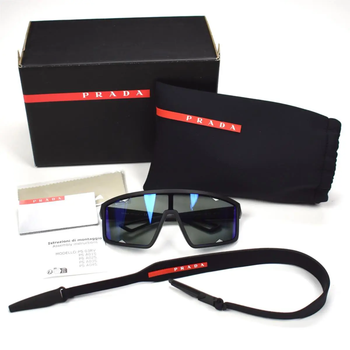 Prada Linea Rossa PS A03S Sunglasses w/ Strap Mens Black Blue