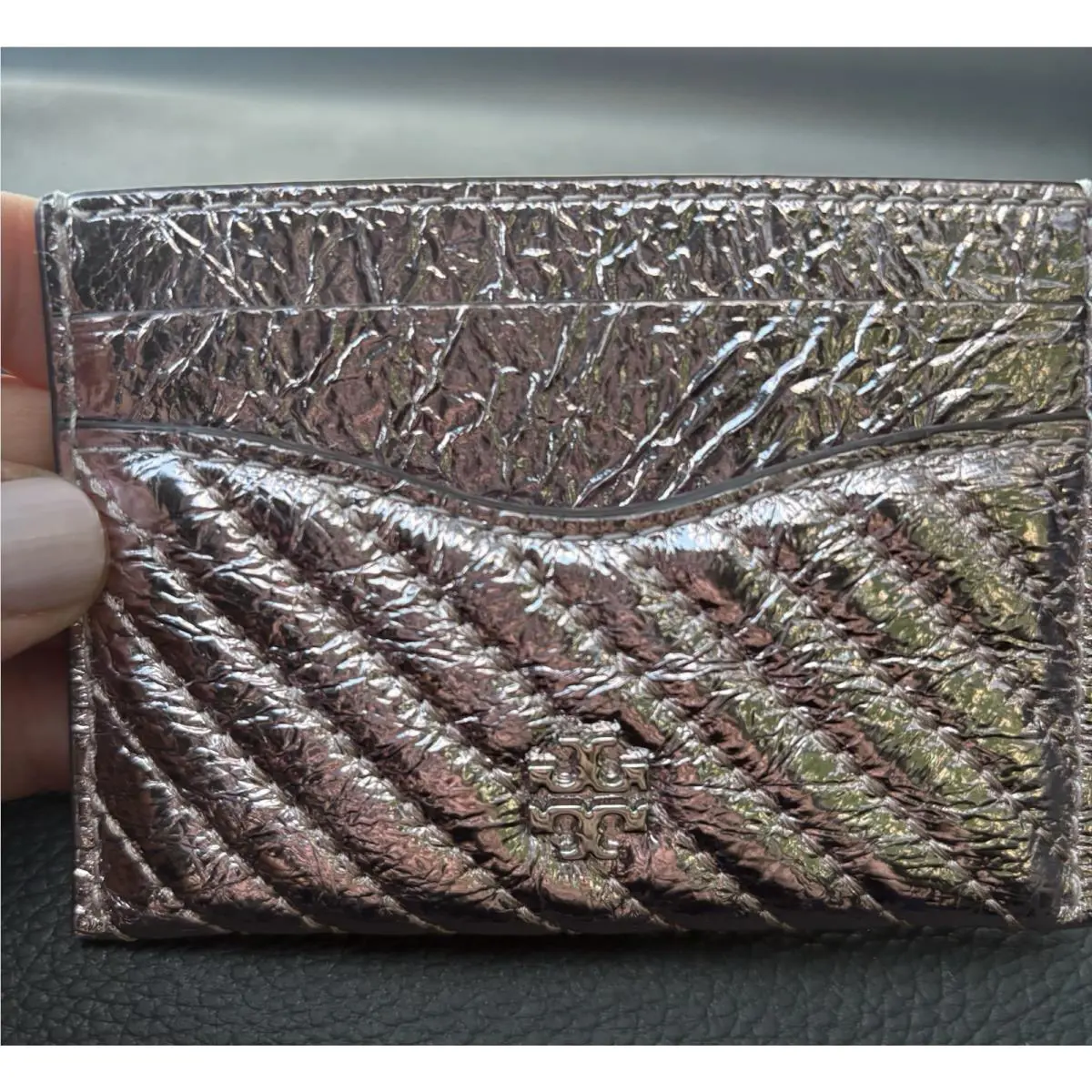 Tory Burch Emerson Slim Card Case 176911 Metallic Leather Sparkle Pink