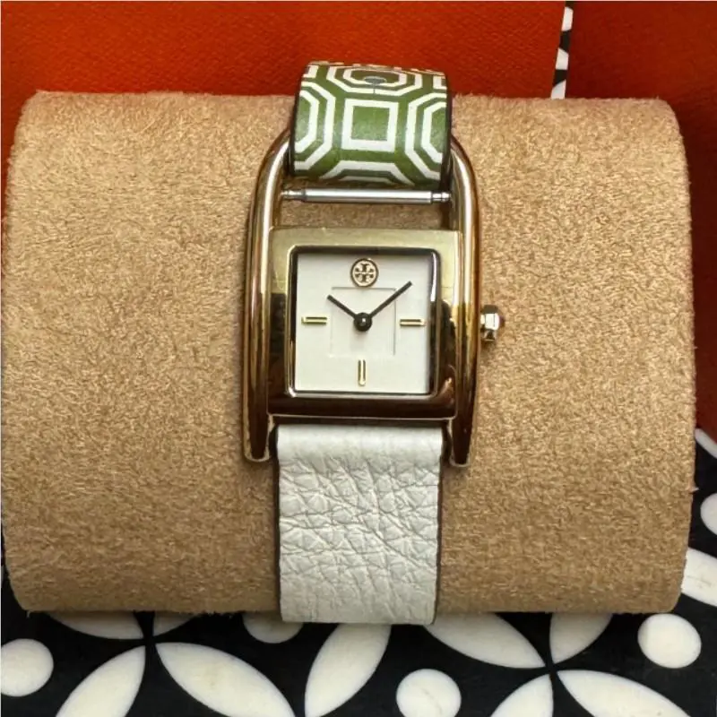 Tory Burch Thayer TBW7504 Gold Case White / Green Leather Strap Watch