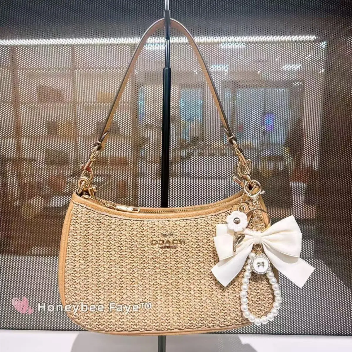 Coach Straw Teri Shoulder Bag with Charm CEC43 Im/ Toast Regular Size