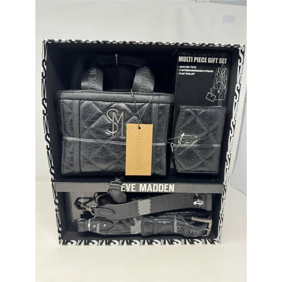 Steve Madden Multi Piece Gift Set Black Quilted Tote Flap Wallet 2 Straps