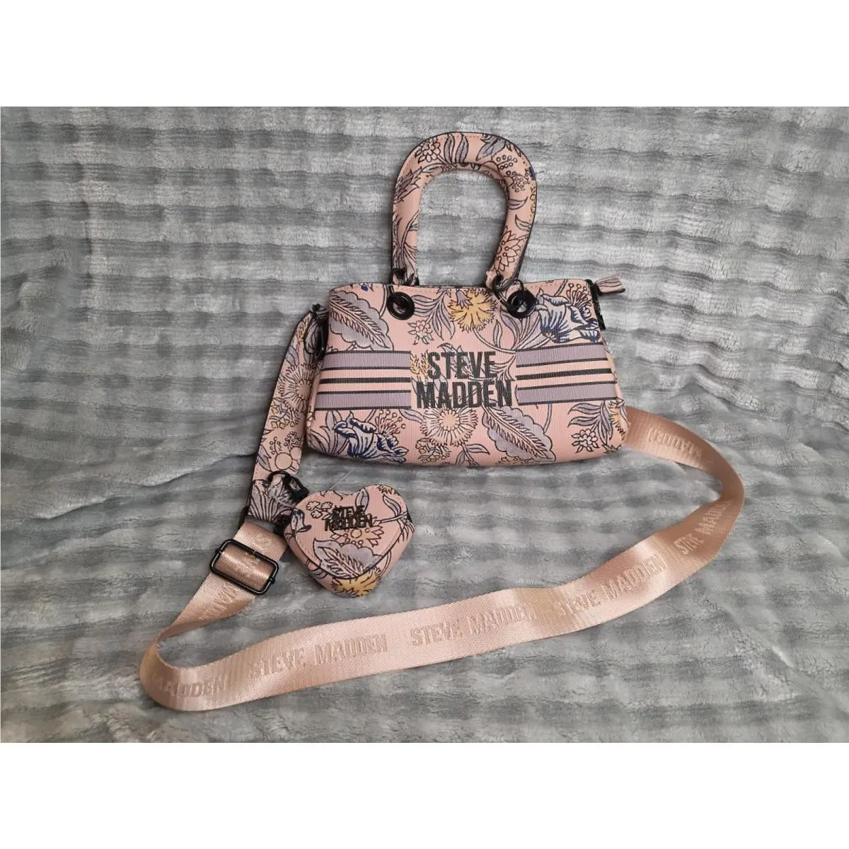 Floral Satchel Handbag Pink Blue Yellow Hues Guitar Strap with Co by Steve Madden