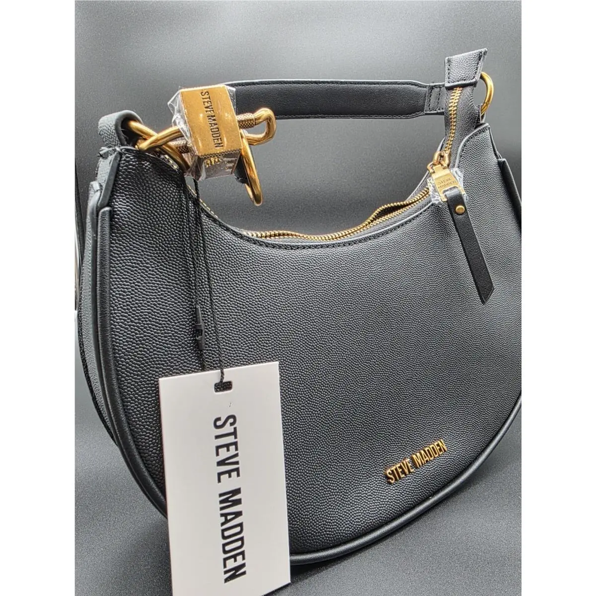 Steve Madden Black Crescent Shoulder Bag Gold Hardware Zip Closure Logo Women