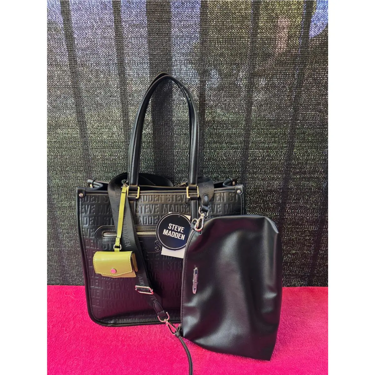 Steve Madden Black Embossed Women`s Tote Bag Set Handbag with Two Small Pouch