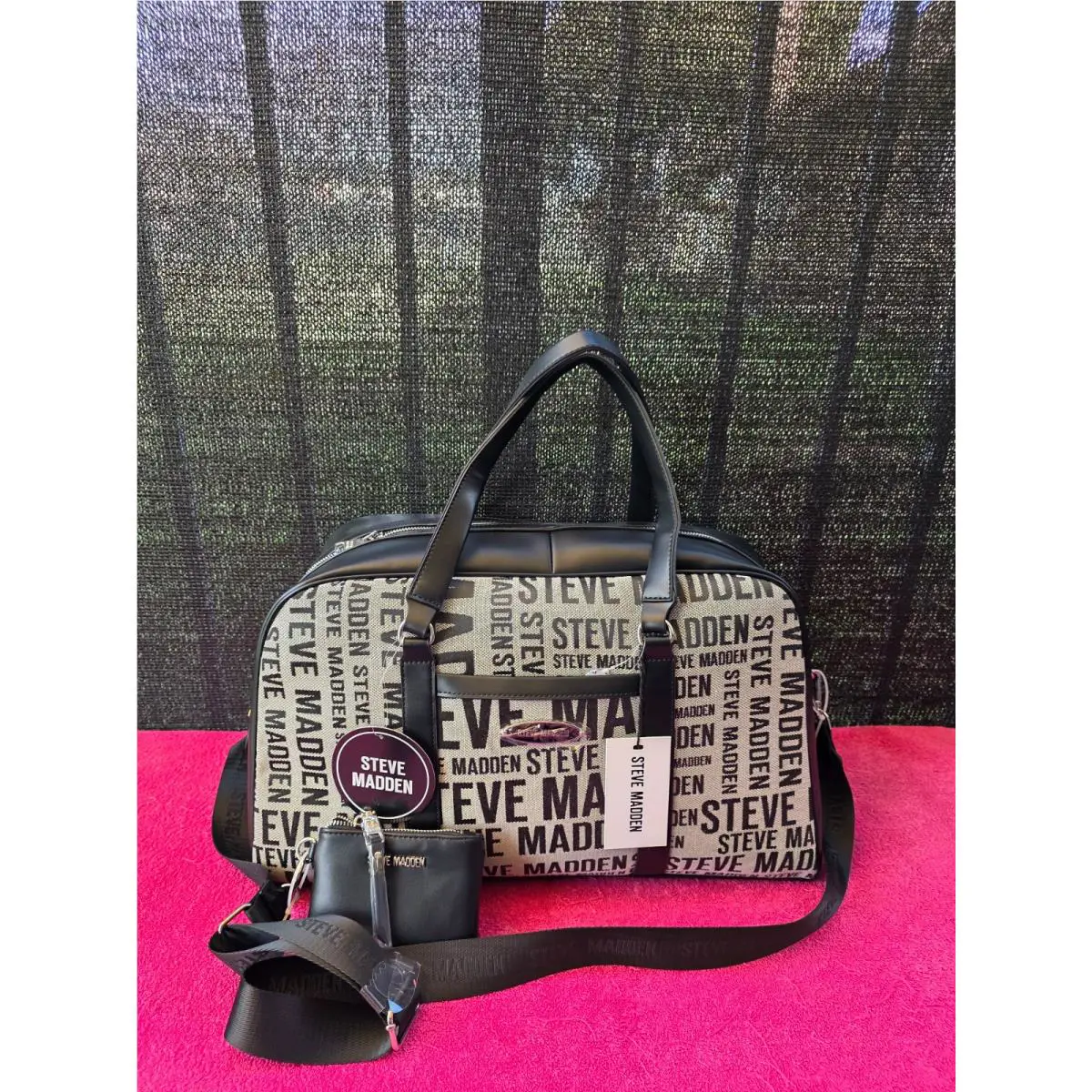 Steve Madden Baramina Weekender Duffel Bag Travel Tote with Pounch Black White
