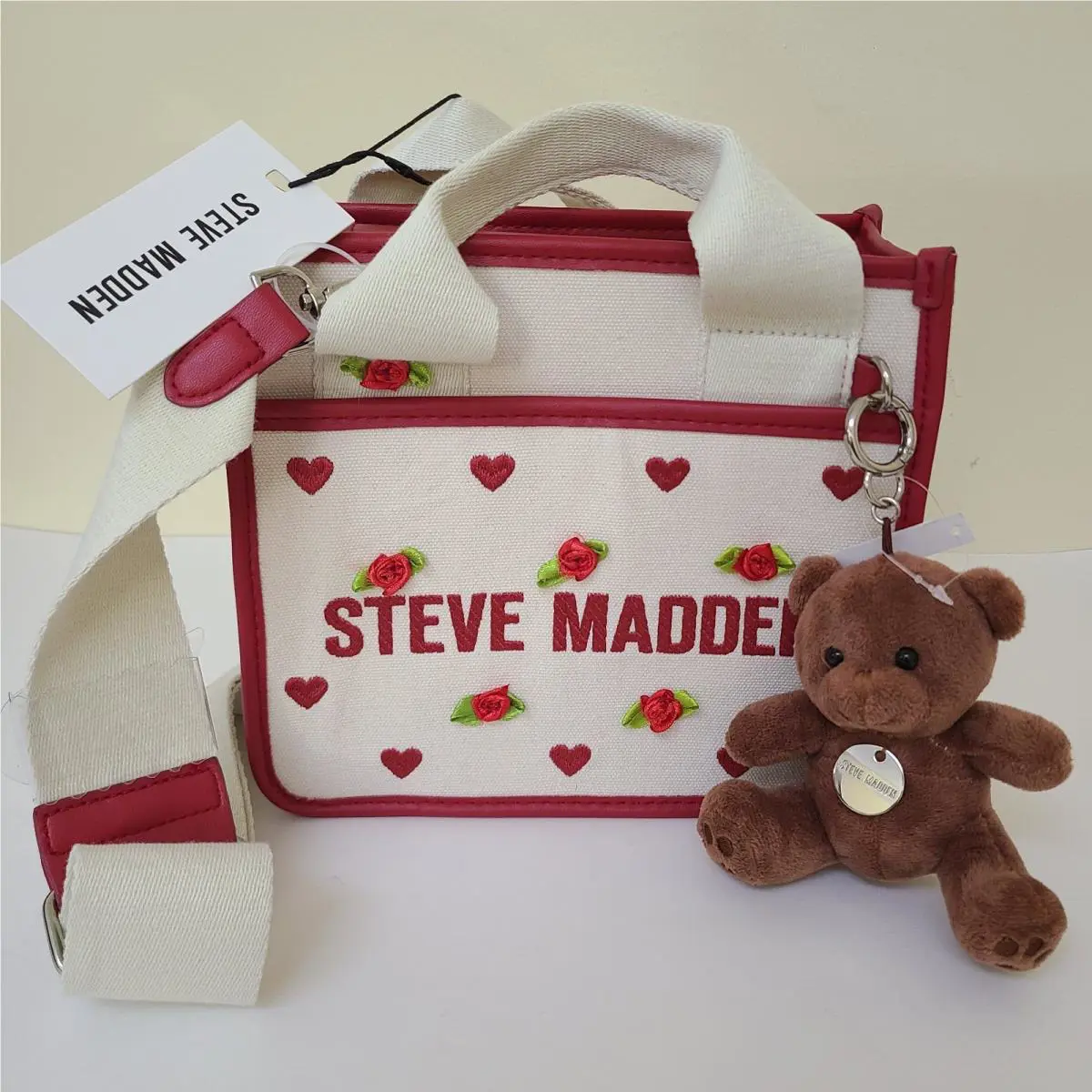Steve Madden Bwebber Rosette Satchel Crossbody Bag W Bear Charm Keyring Natural
