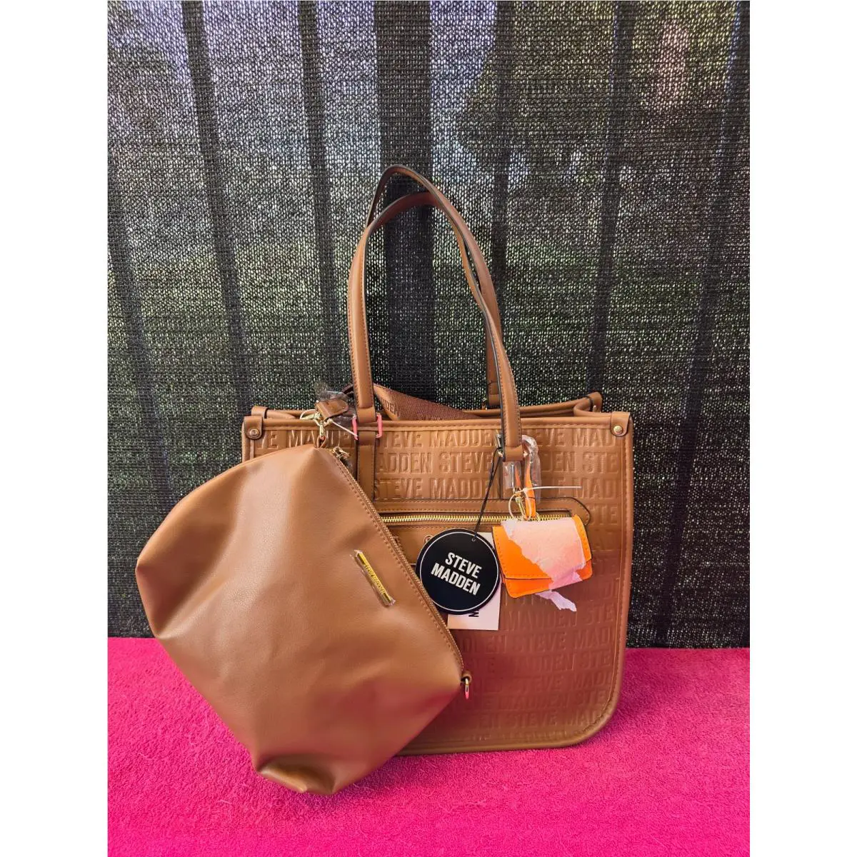 Steve Madden Brown Embossed Women`s Tote Bag Set Handbag with Two Small Pouch