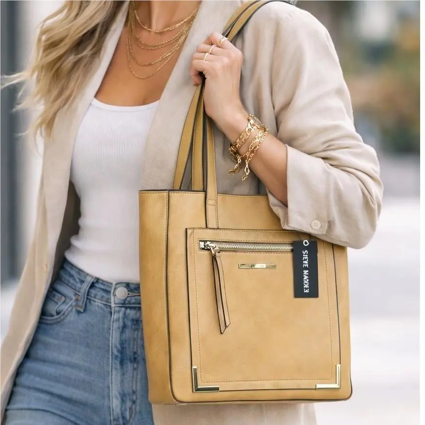 Steve Madden Btori Tote Bag Women Large Camel Leather Minimalist Boho