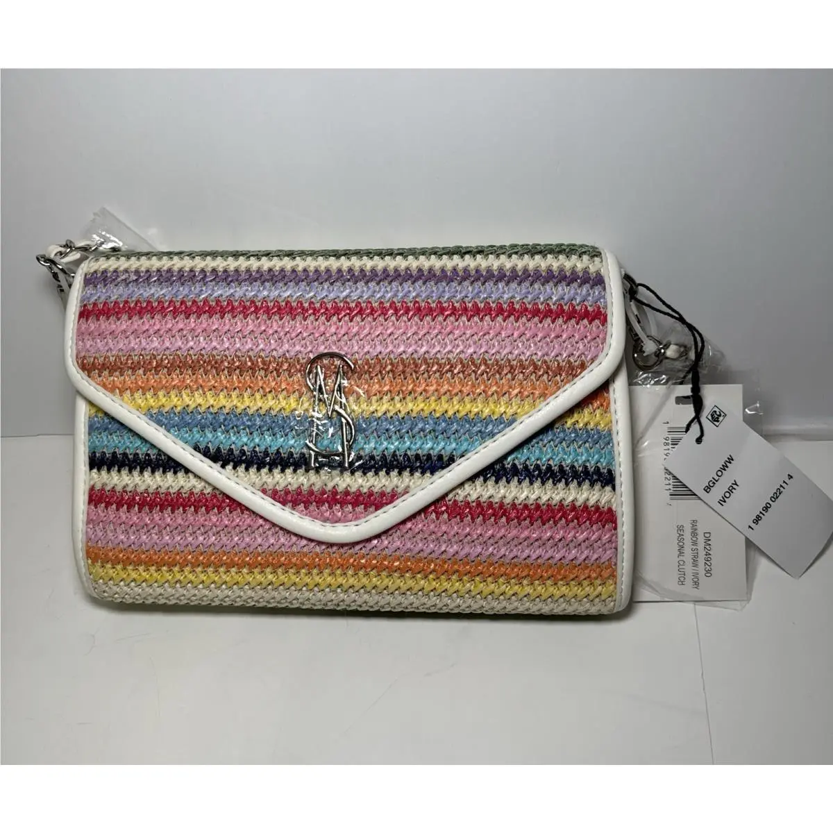 Steve Madden BGL0WN Rainbow Straw Clutch Crossbody Bag Ivory Multi Color
