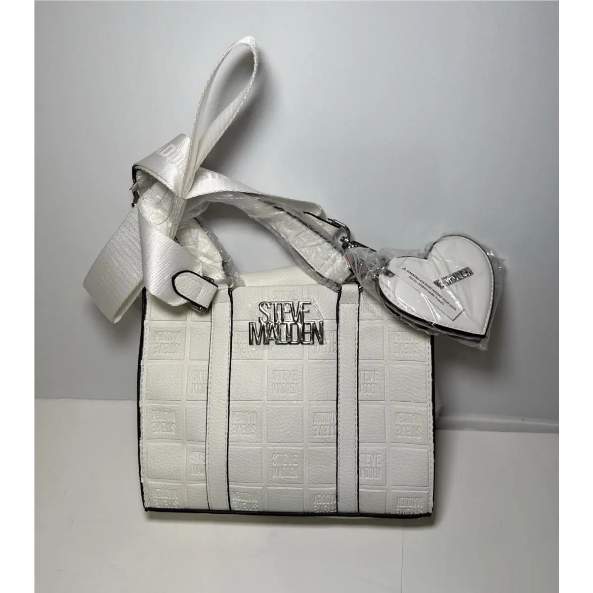 Steve Madden White Mini Tote Crossbody Bag Textured Logo Bow Strap Charm