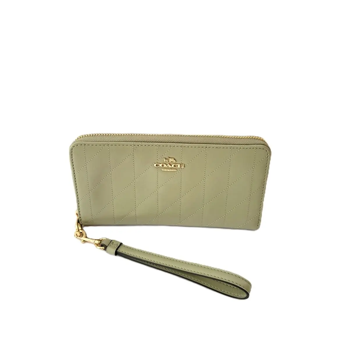 Coach CEL63 Long Zip Around Crinkle Quilting Shiny Leather Wallet Pistachio