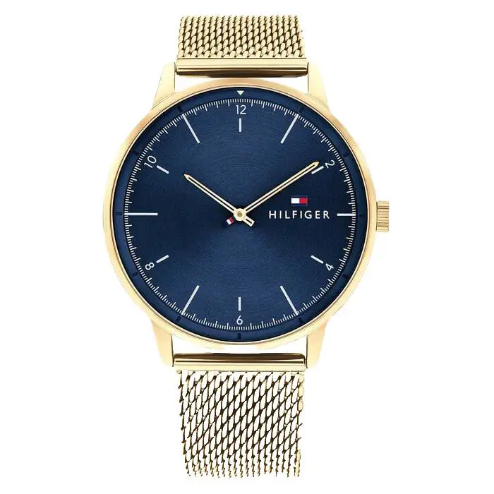 Tommy Hilfiger Hendrix 1791877 Blue Dial Gold Mesh Bracelet 43MM Mens Watch
