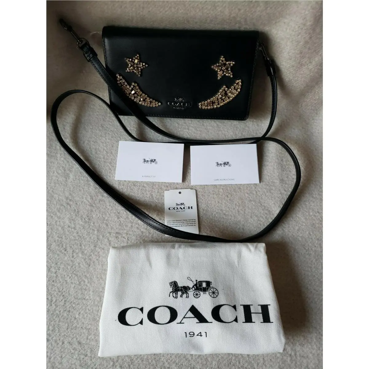Coach 31872 Slim Phone Crossbody Star Crystal Embellishment Leather Black Purse