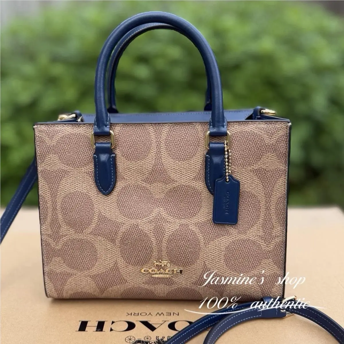 Coach Maggie Small Tote Bag Signature Canvas CAL28 IMY3M Tan/deep Blue