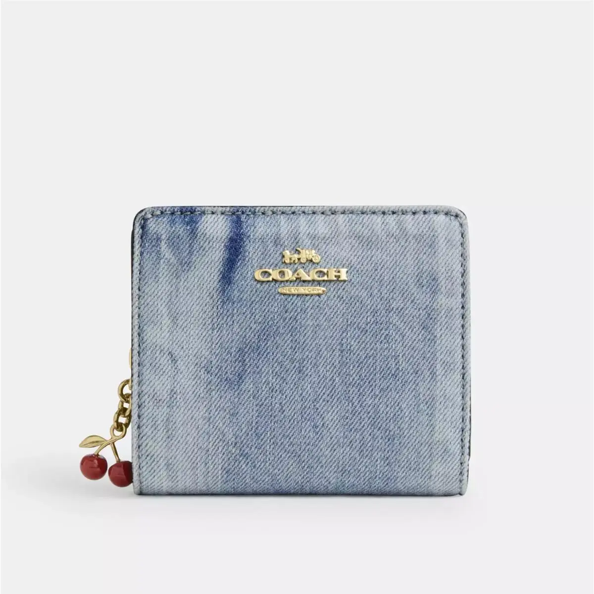 Coach CEC35 Snap Wallet in Loved Denim with Cherry Charm Light Indigo