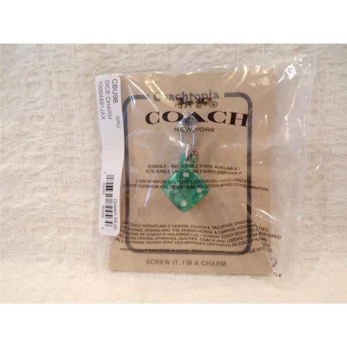 Coach Coachtopia Green Dice Screw On Purse Bag Charm CBU98 Recycled Acrylic