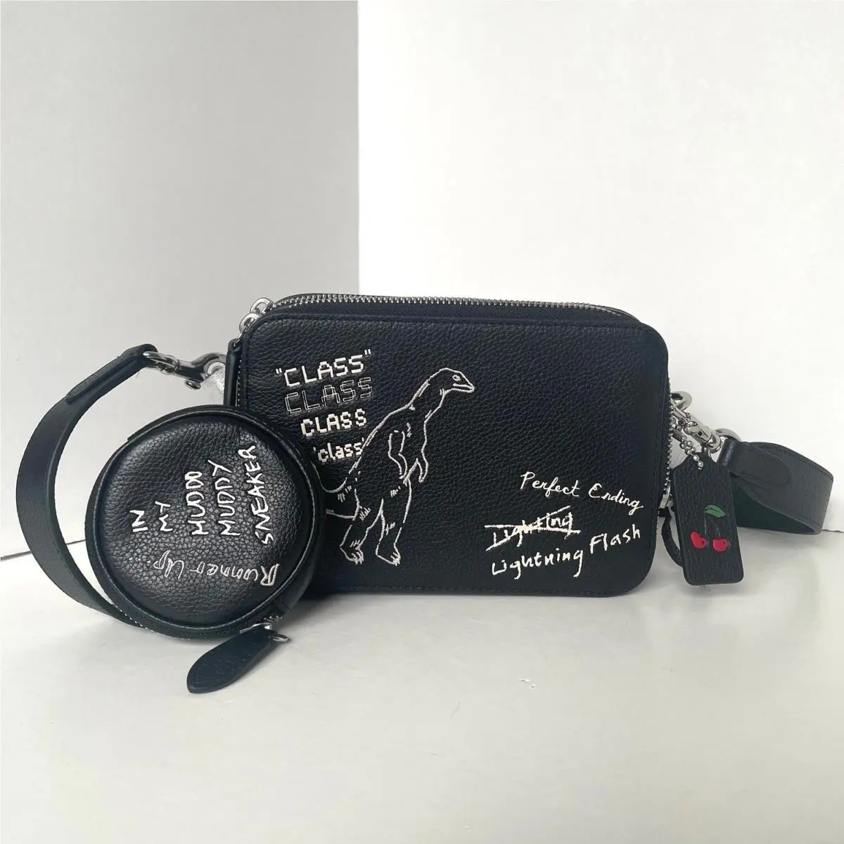 Coach Charter Crossbody 19 CAM86 Black Leather Rexy Sketch Print Pouch