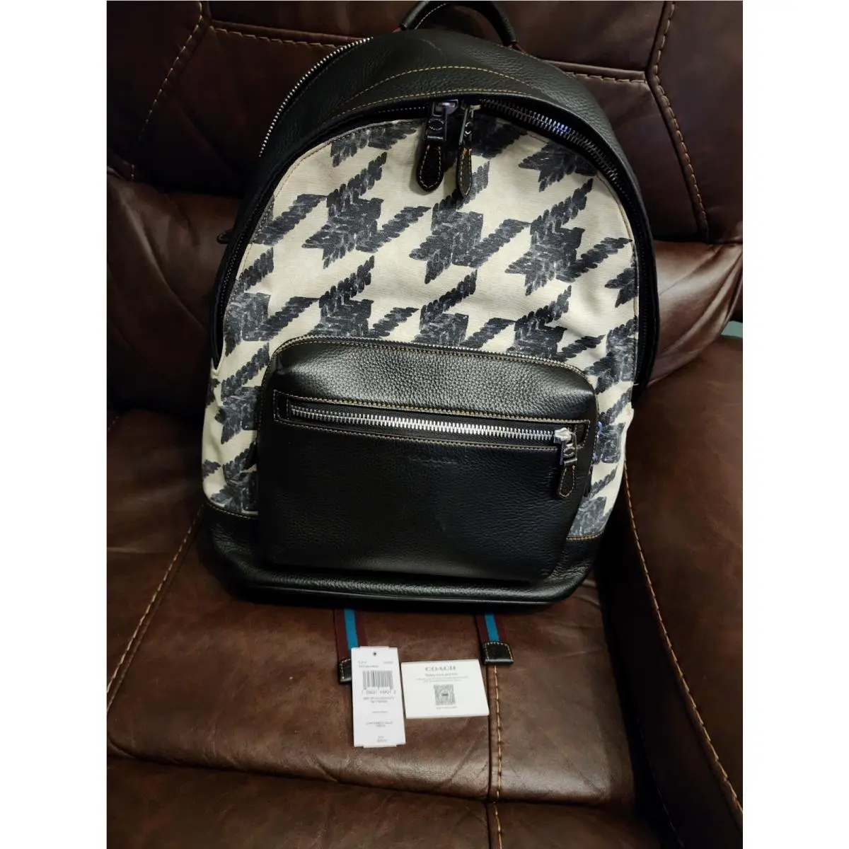 Coach CJ514 Silver/cream/black West Large Backpack W/houndstooth Print