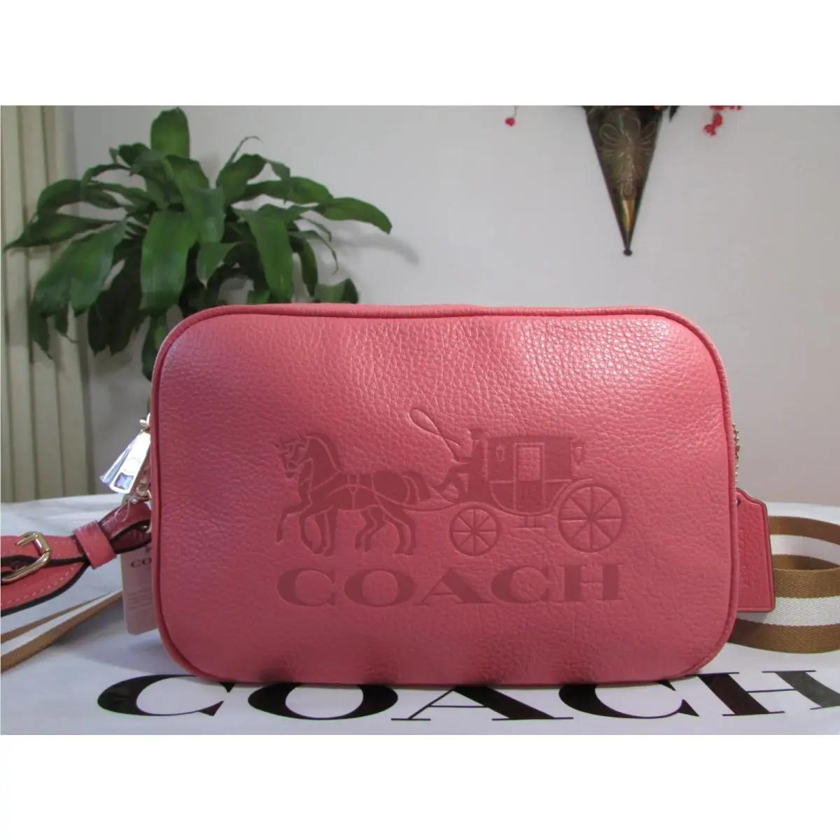 Coach Pebble Leather Horse Carriage Jes Crossbody Bag F75818 Bright Coral