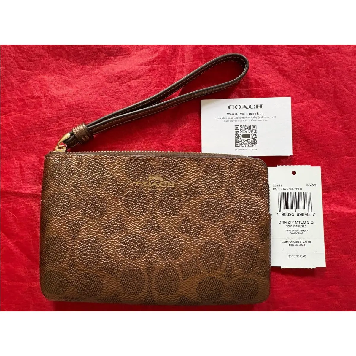 Coach CCK71 Sig Canvas Brown/metallic Copper Crnr Zip Wallet with Wrist Loop