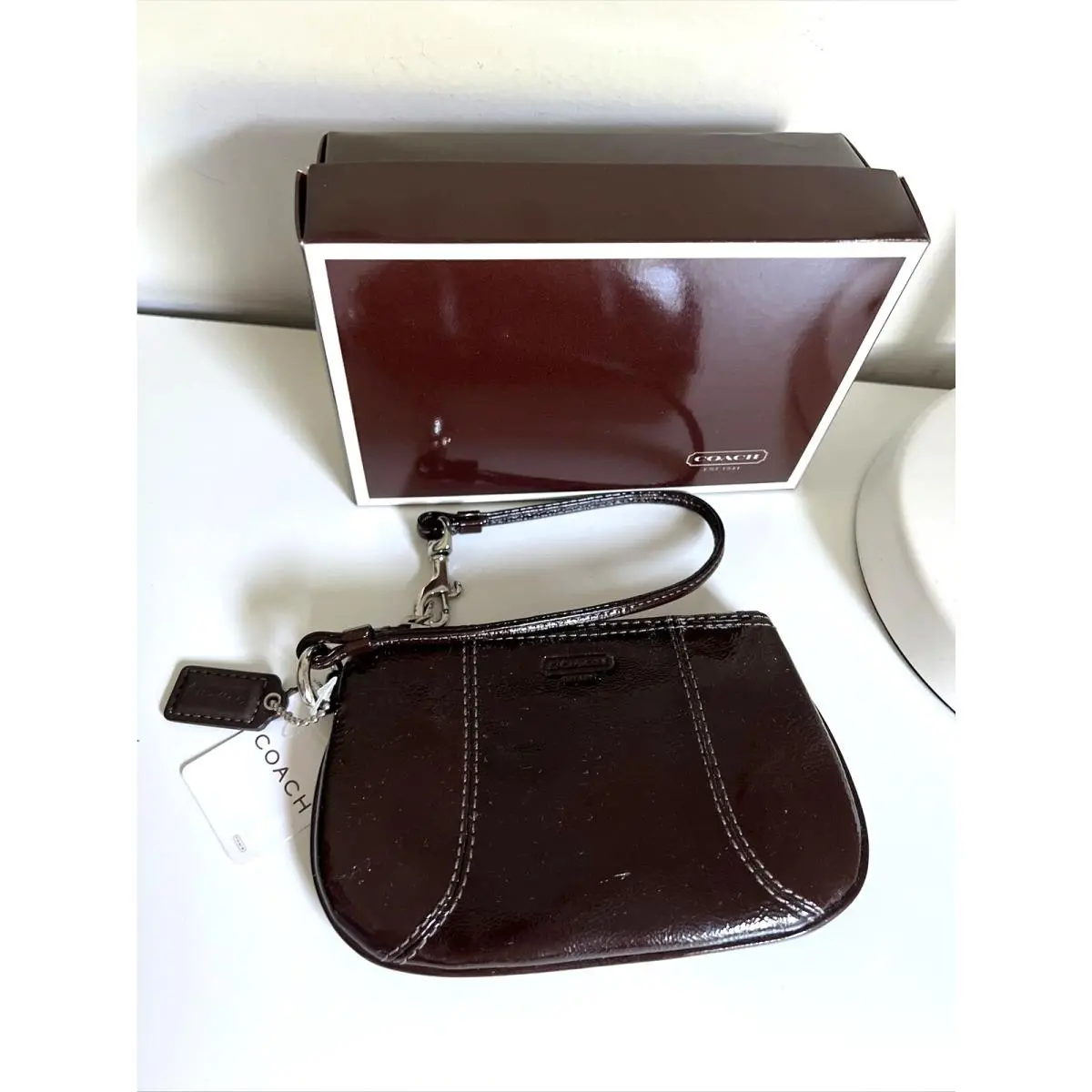 Vintage  Patent Leather Wristlet Brown Silver 42053 Box Purse by Coach