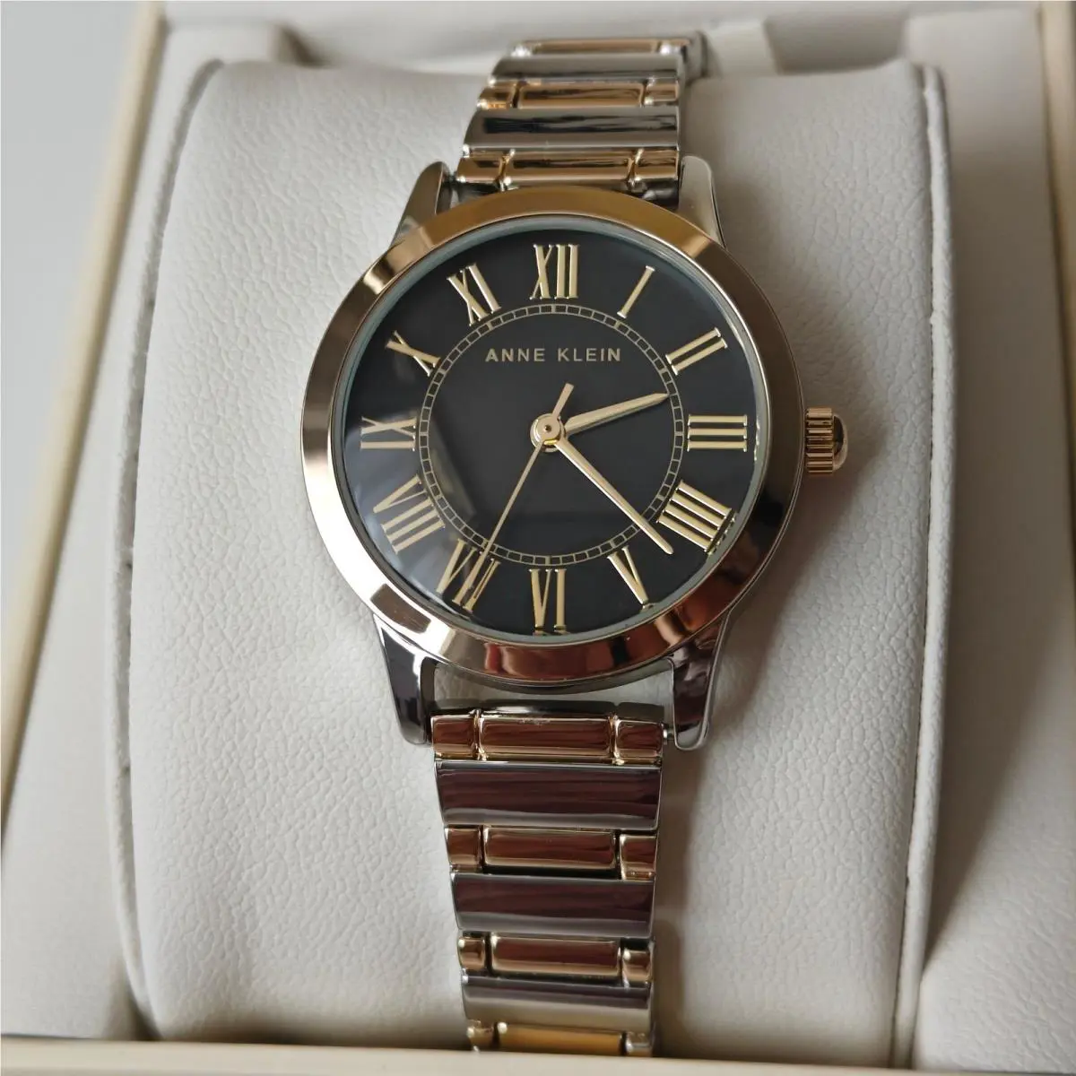 Anne Klein Womens Silver Gold Wrist Watch Black Roman Numeral Dial Tags