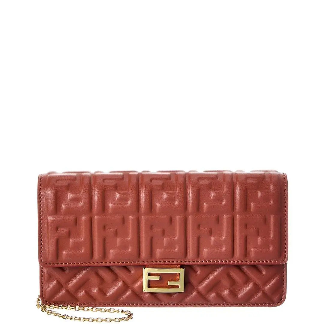 Fendi Baguette Ff Leather Wallet On Chain Women`s Brown