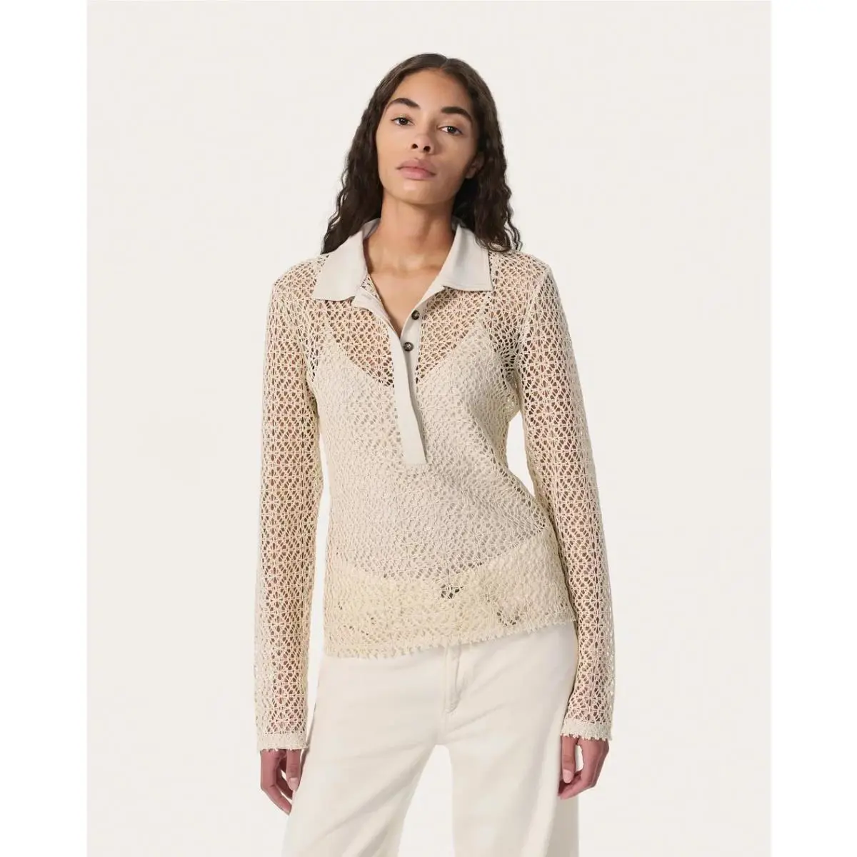 Rag Bone Liv Mesh Crochet Long Sleeve Polo Shirt Womens XS Beige