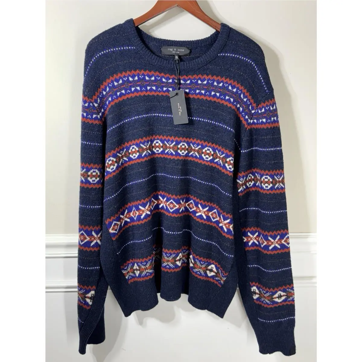 Rag Bone Men`s Wesley Fair Isle Crewneck Sweater Navy 2XL Wool