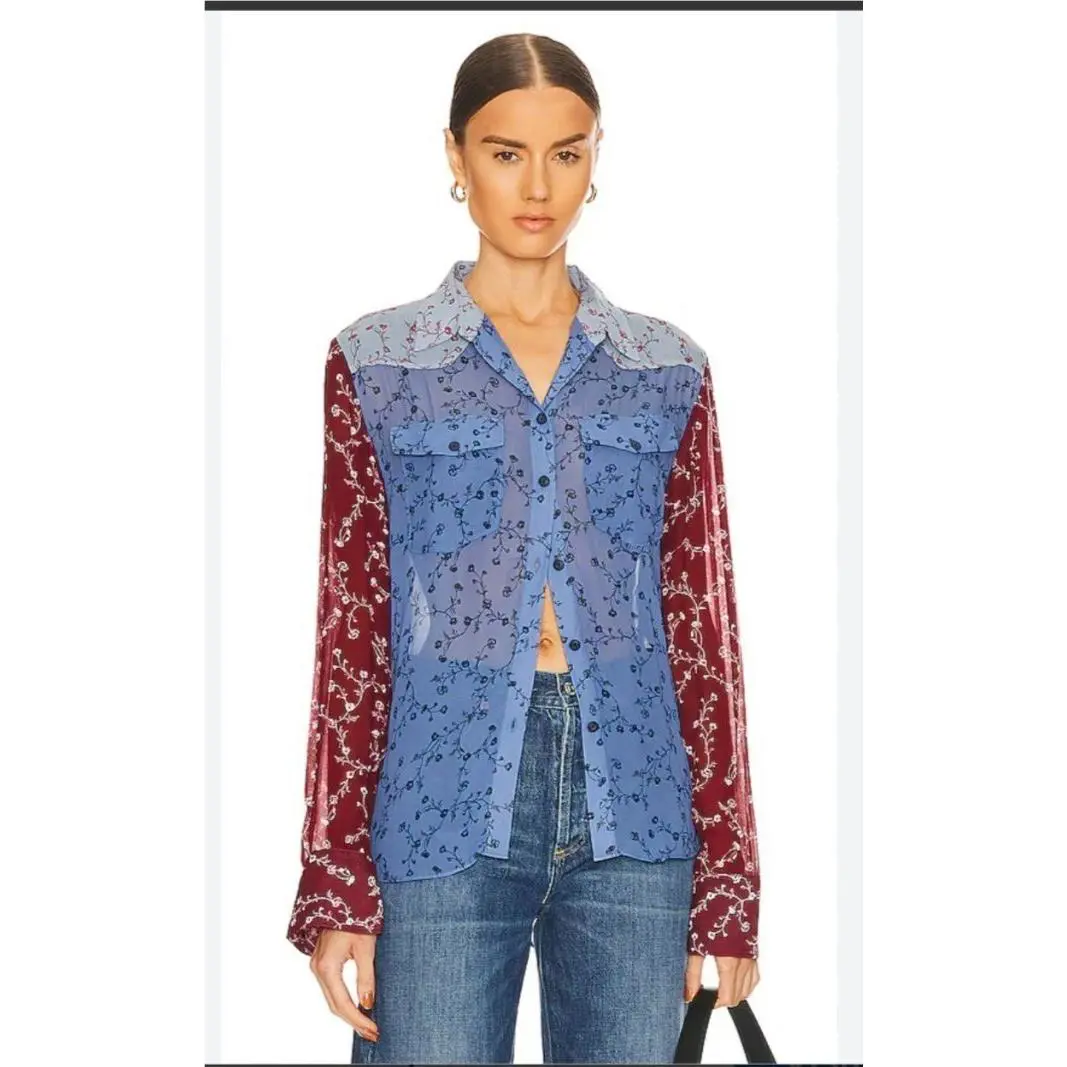 Rag Bone Wyatt Patchwork Shirt Sz M Dark Blue Floral Medium Western Yoke