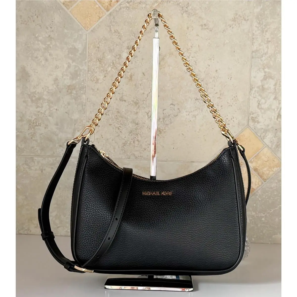 Michael Kors Jet Set Travel LG Pouchette Shoulder Chain Crossbody Bag Black